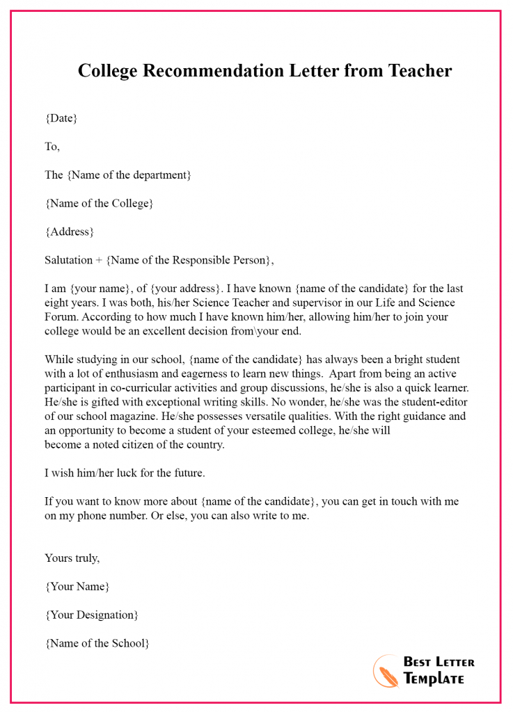 Amazing Teacher Recommendation Letter Template