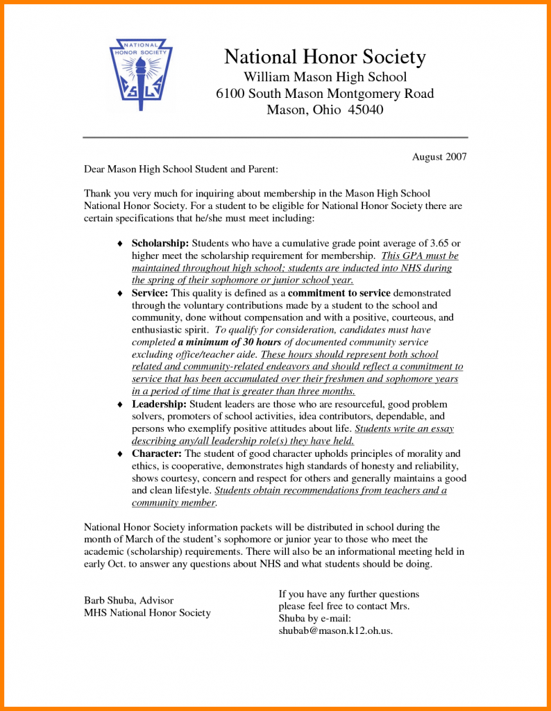 Free National Junior Honor Society Letter Of Template
