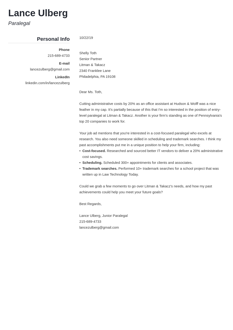 Fascinating Paralegal Cover Letter Template