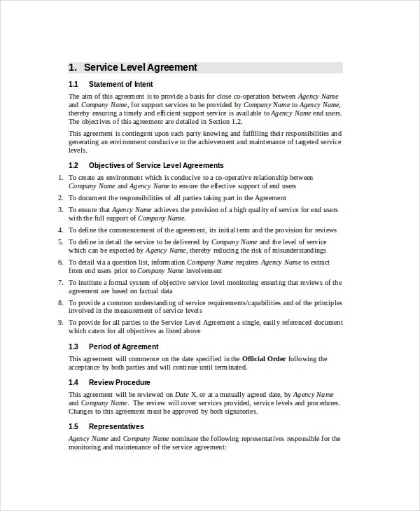 New Cloud Service Level Agreement Template