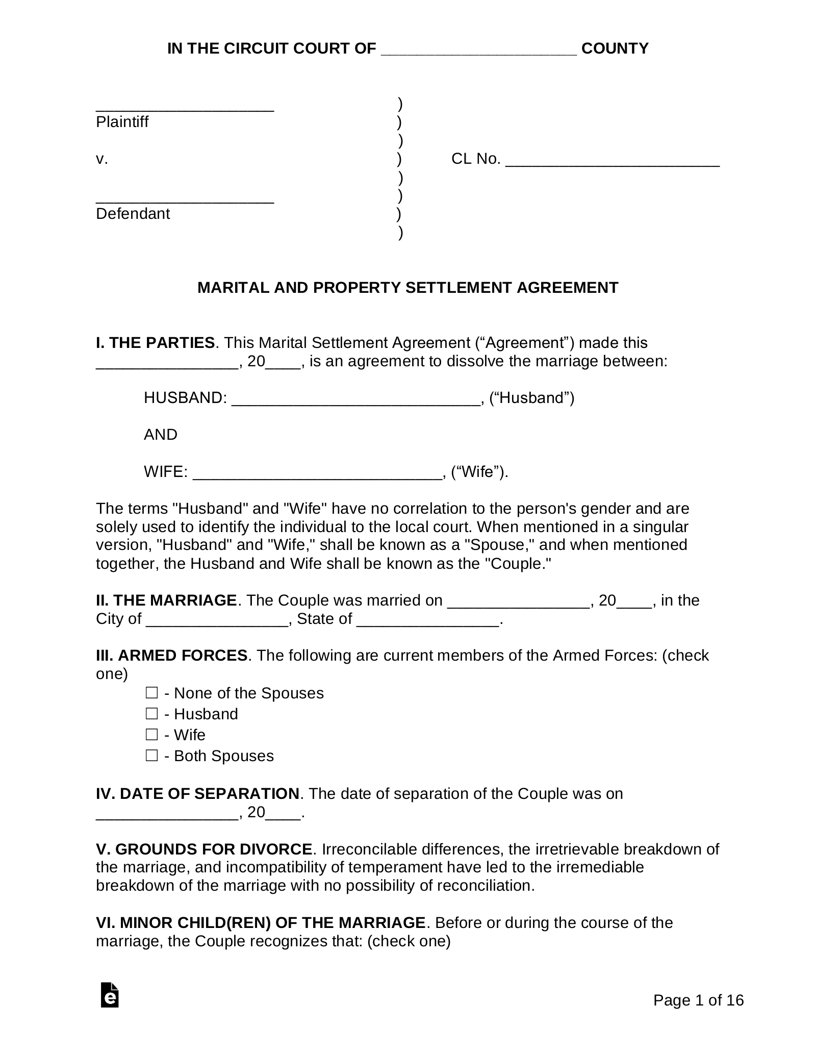 Professional Division Of Assets Agreement Template