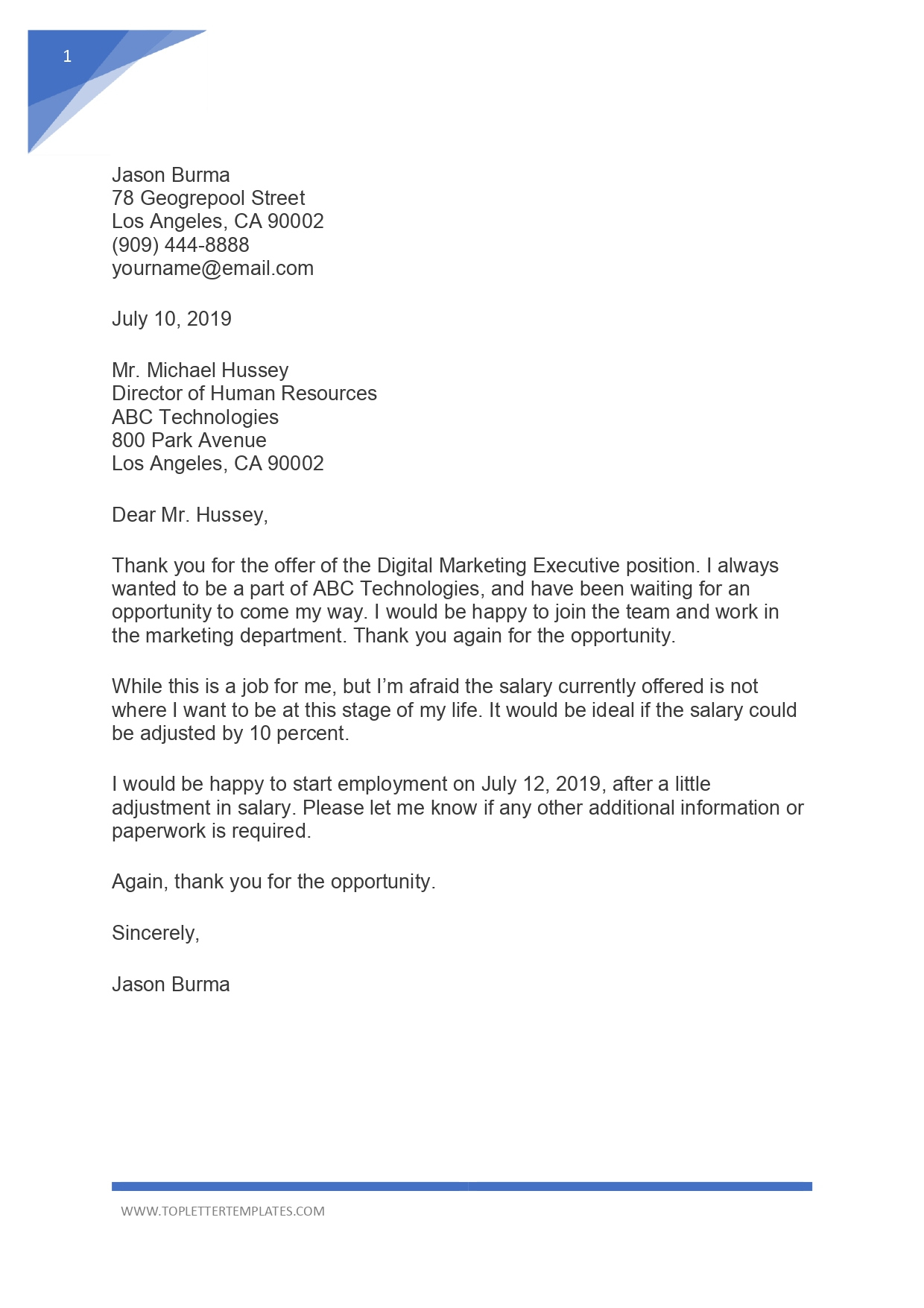 Simple Accepting Resignation Letter Template