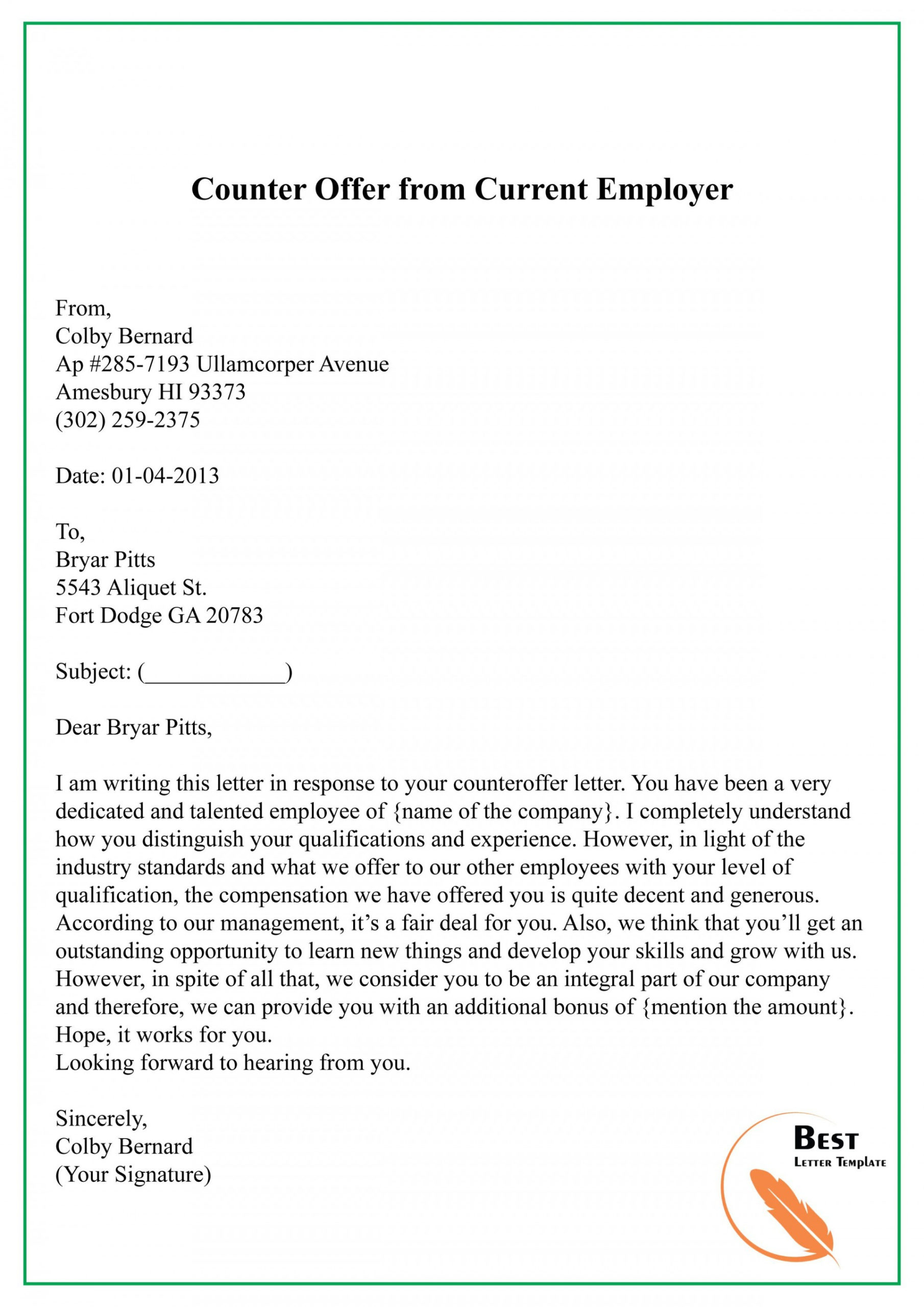 Top Employment Counter Offer Letter Template