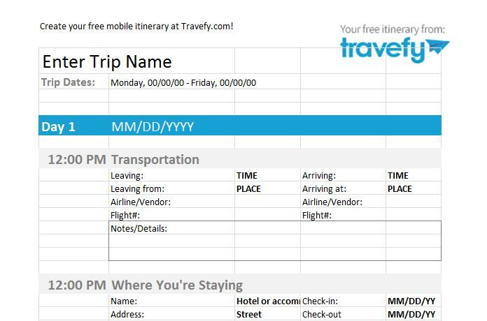 Free Day By Day Travel Itinerary Template