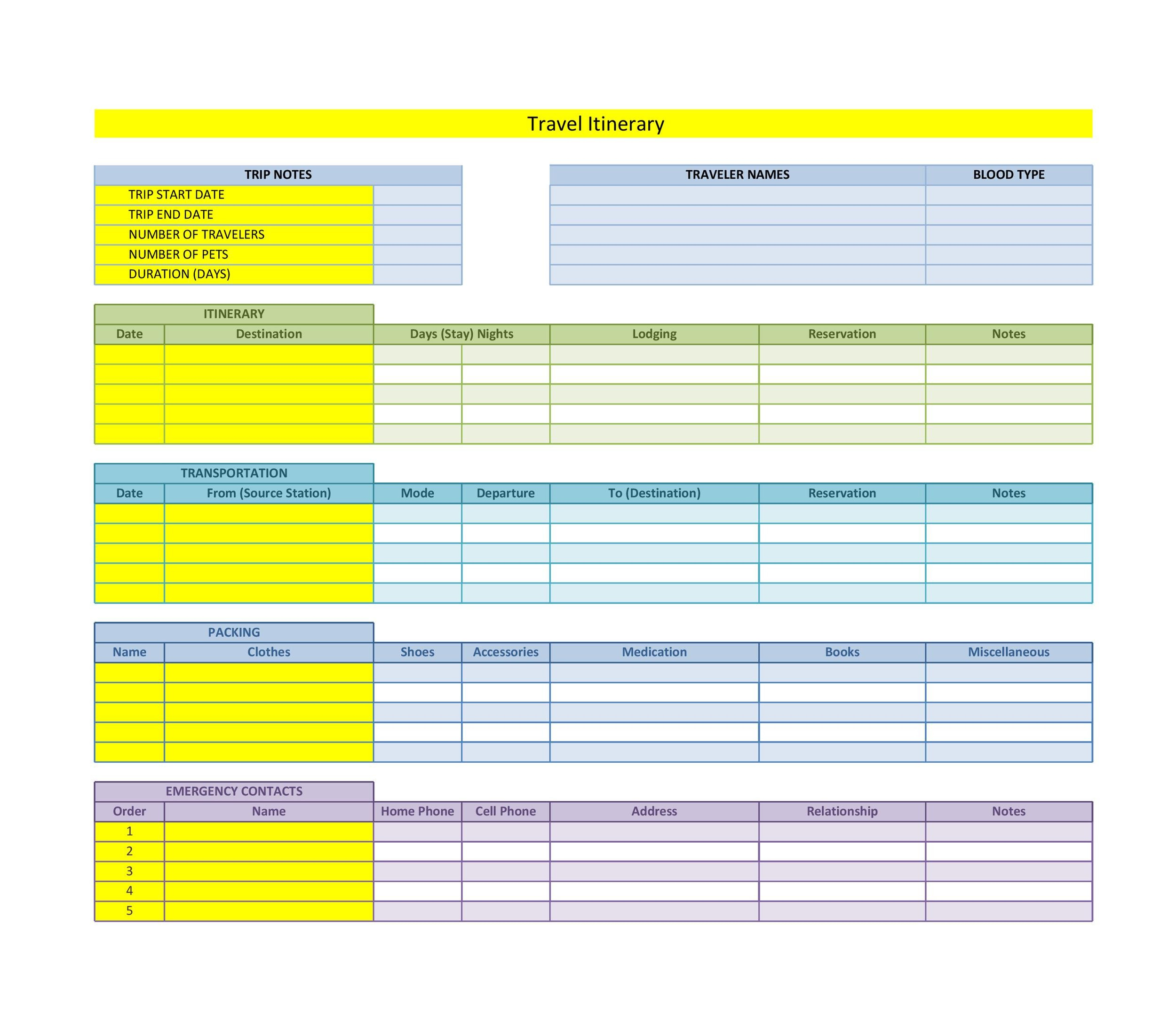 Fresh Vacation Itinerary Planner Template