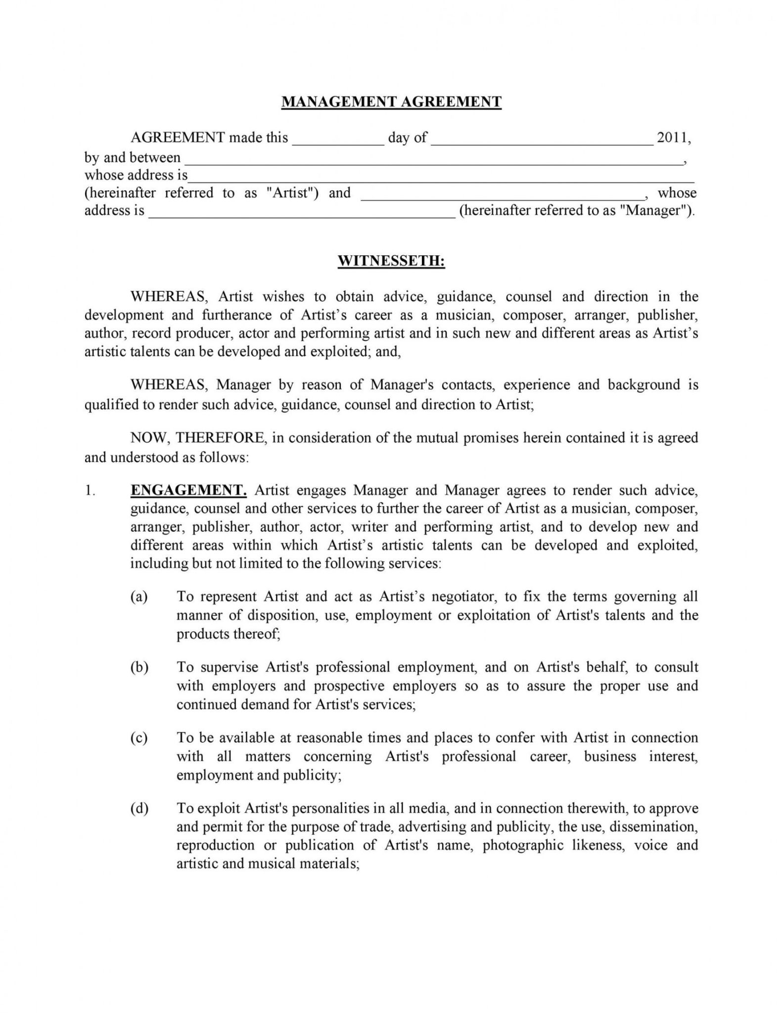 Professional Artist Management Contracts Template