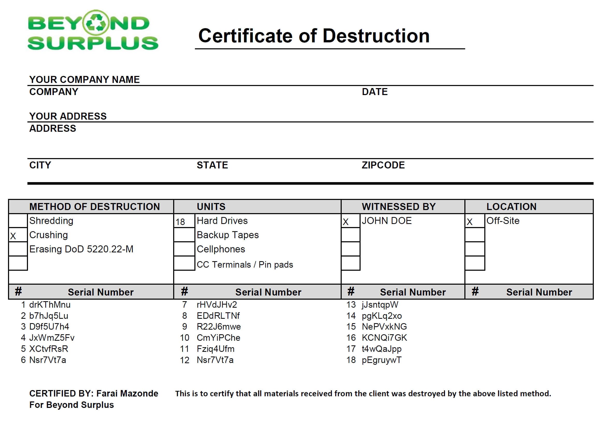 New Certificate Of Destruction Template