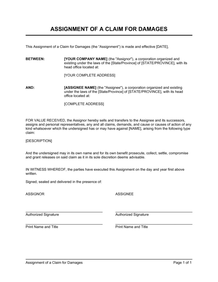 Assignment of a Claim for Damages Template  [Download