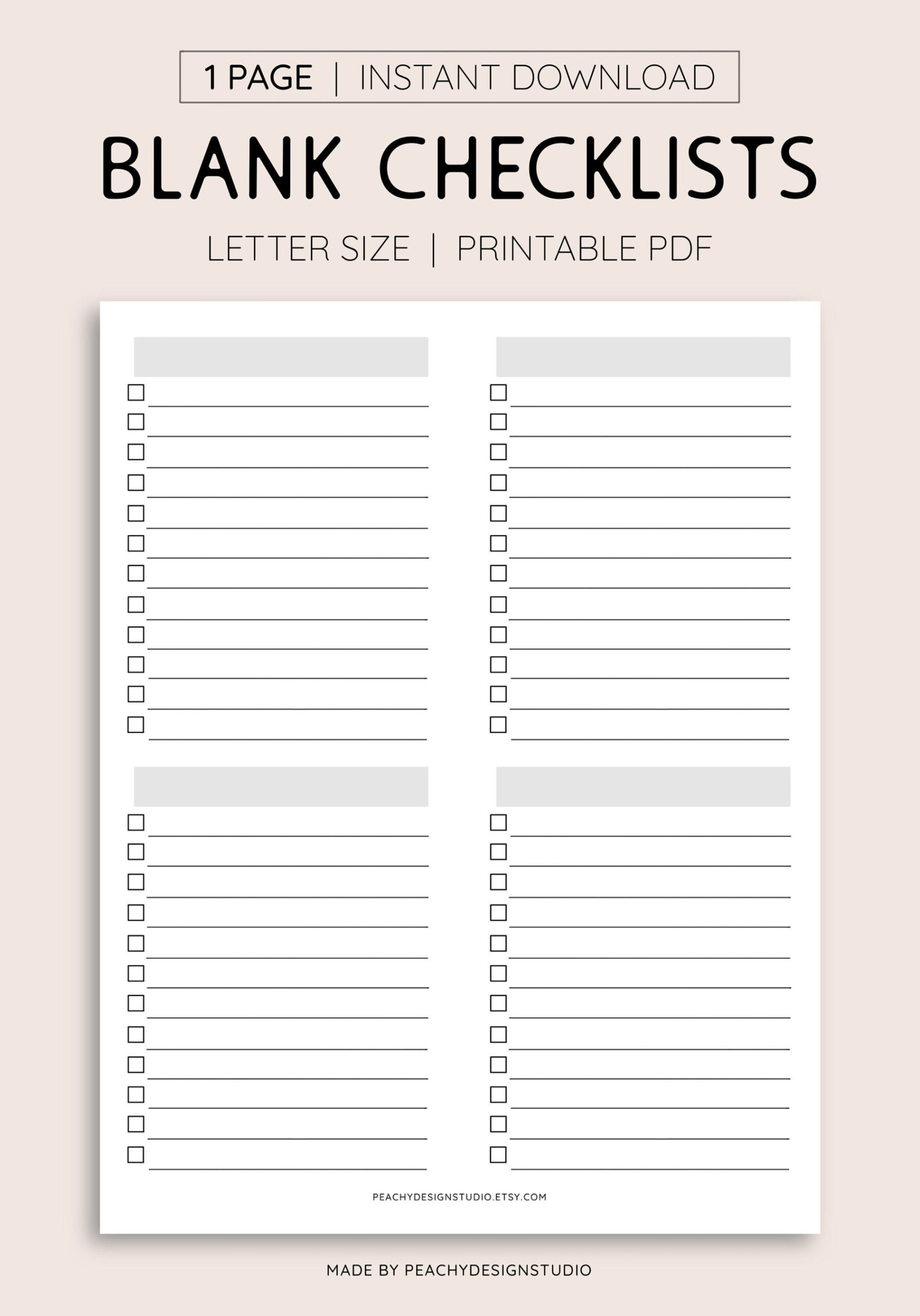 Blank Checklist Printable, INSTANT DOWNLOAD PDF, to Do Lists, Task