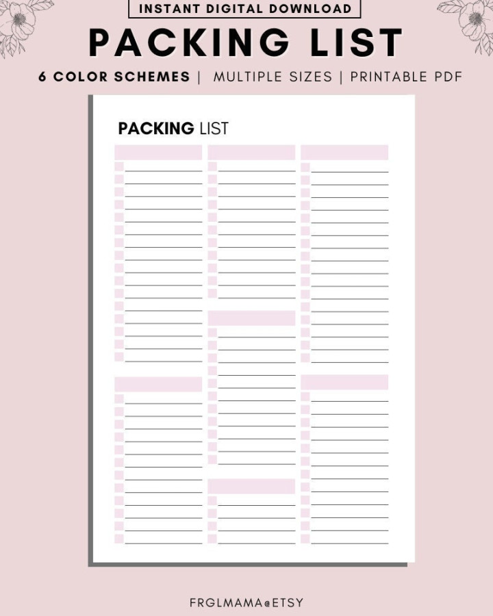 Blank Vacation Packing List Printable, Packing List Template