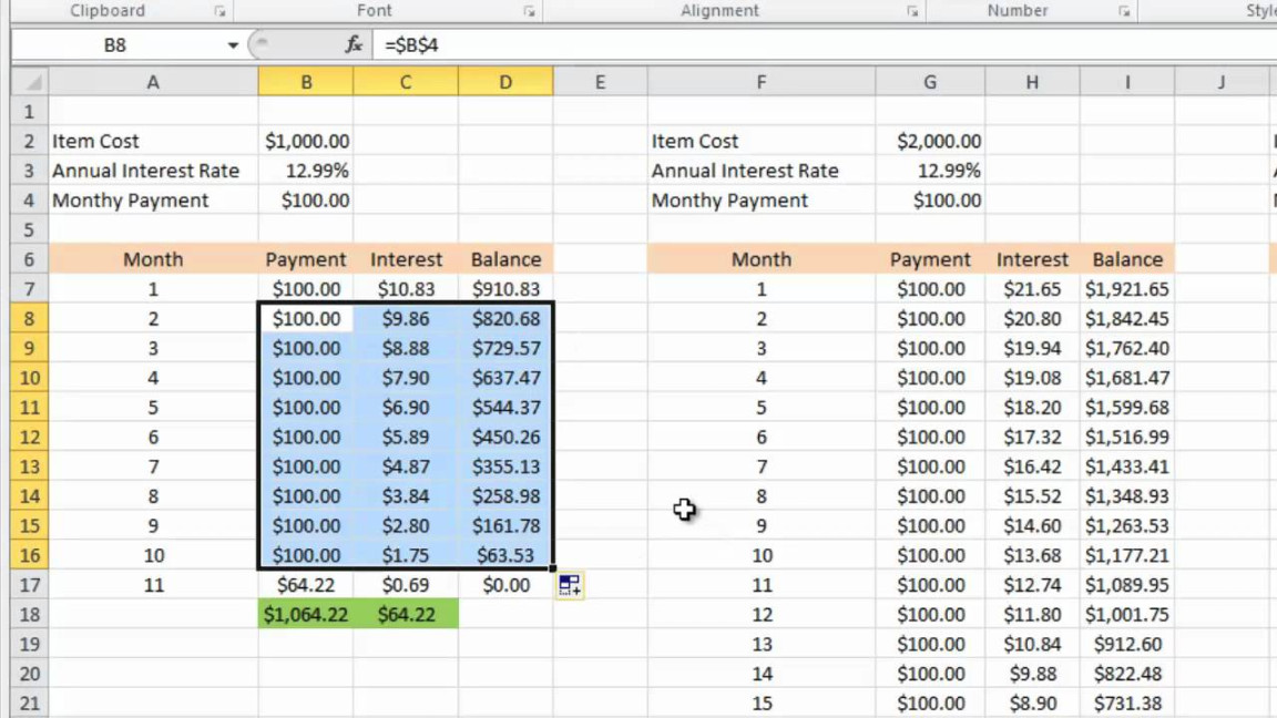 Calculating credit card payments in Excel