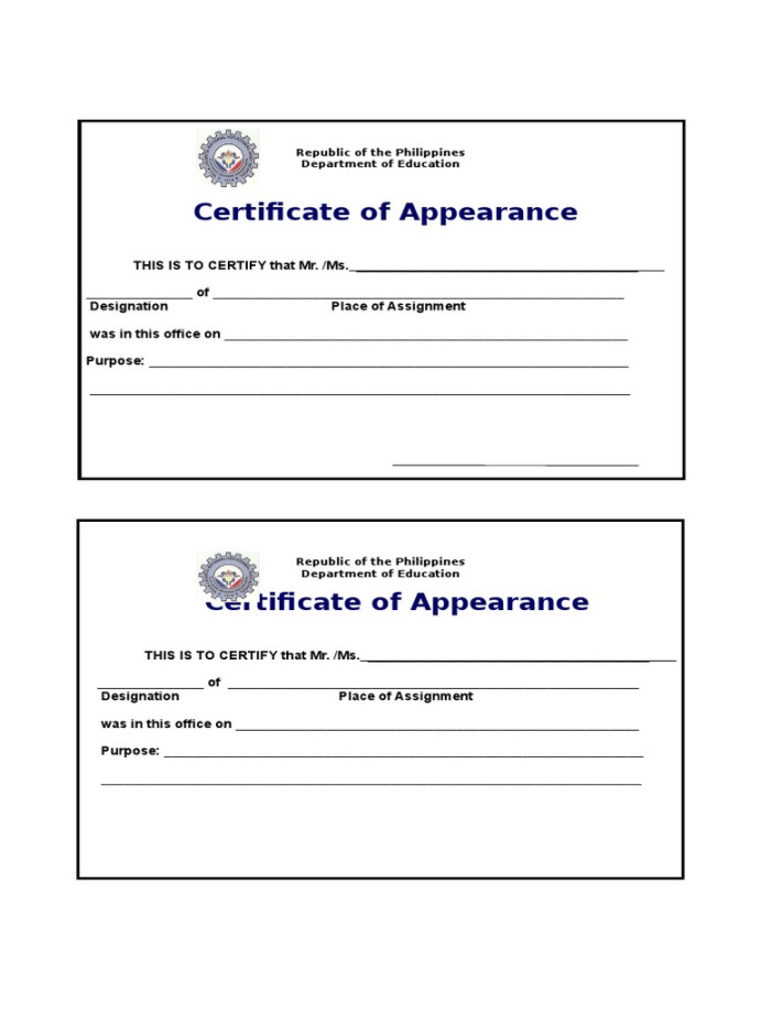 CERTIFICATE OF APPEARANCE Blank Form  PDF