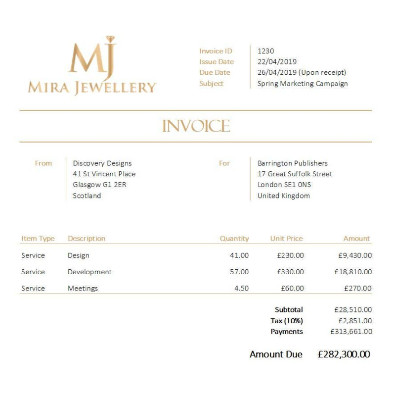 Create a Branded Excel Invoice for a Jewellery Company  Freelancer