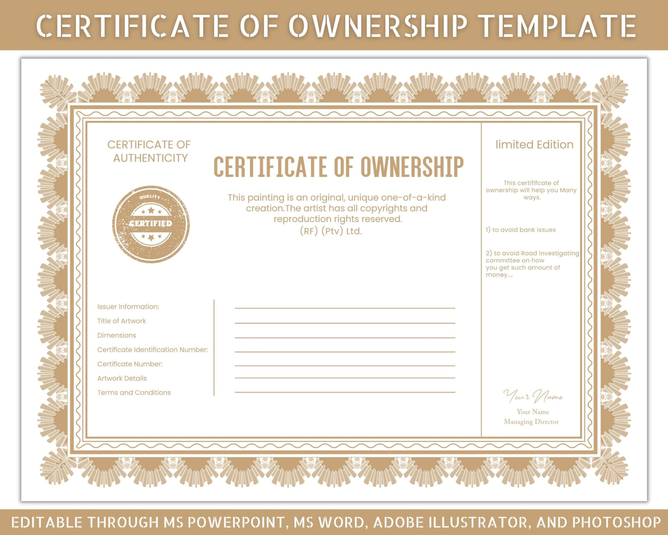 Customizable Certificate of Ownership, Transfer of Title