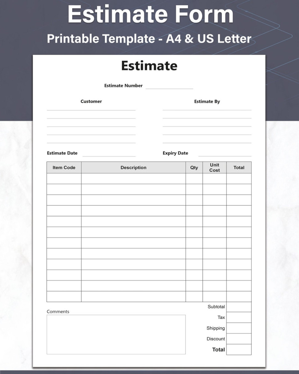 Estimate and Quote Template, Simple Estimate Form, Printable Quote