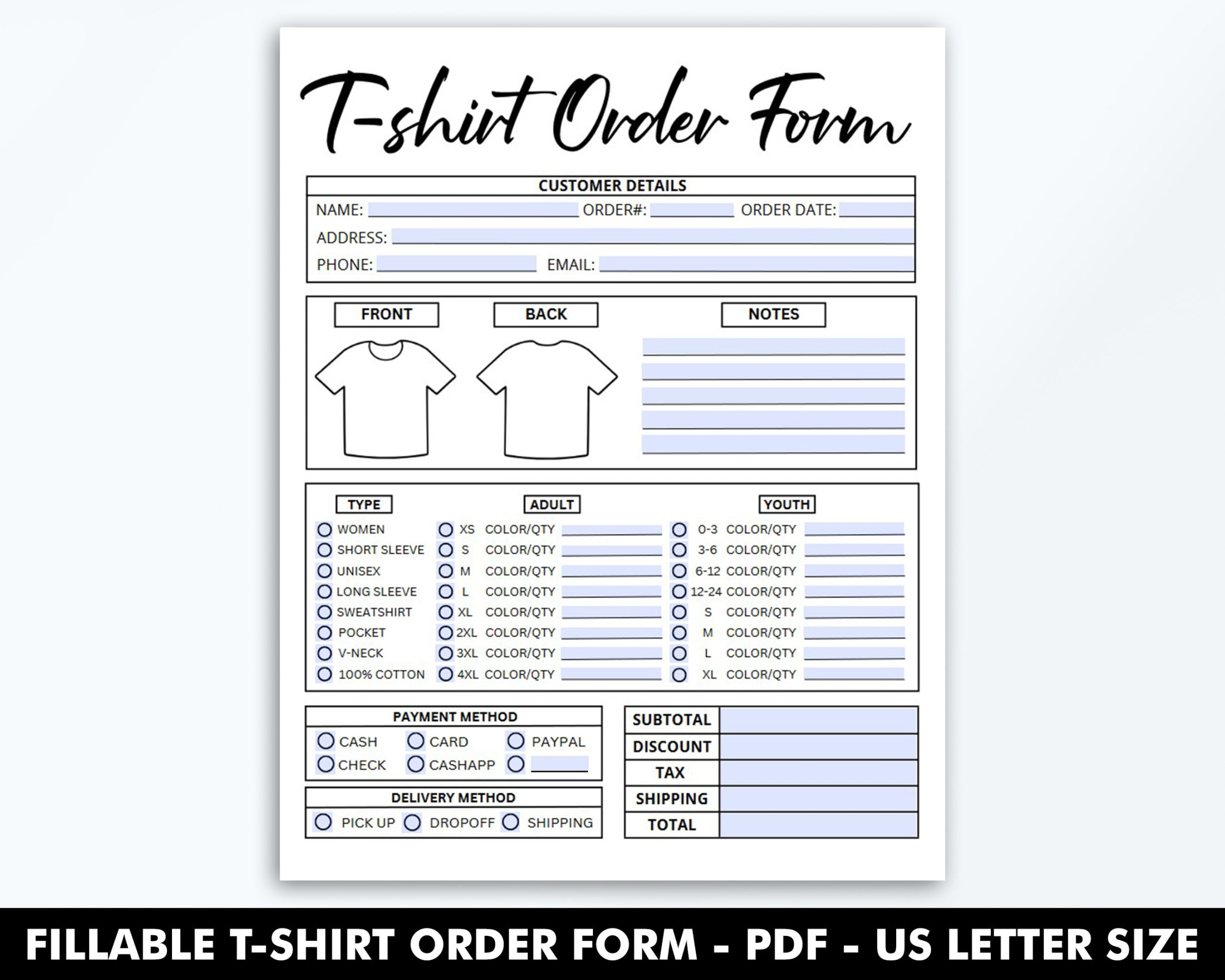 Fillable T-shirt Order Form Template, Editable Shirt Order Form