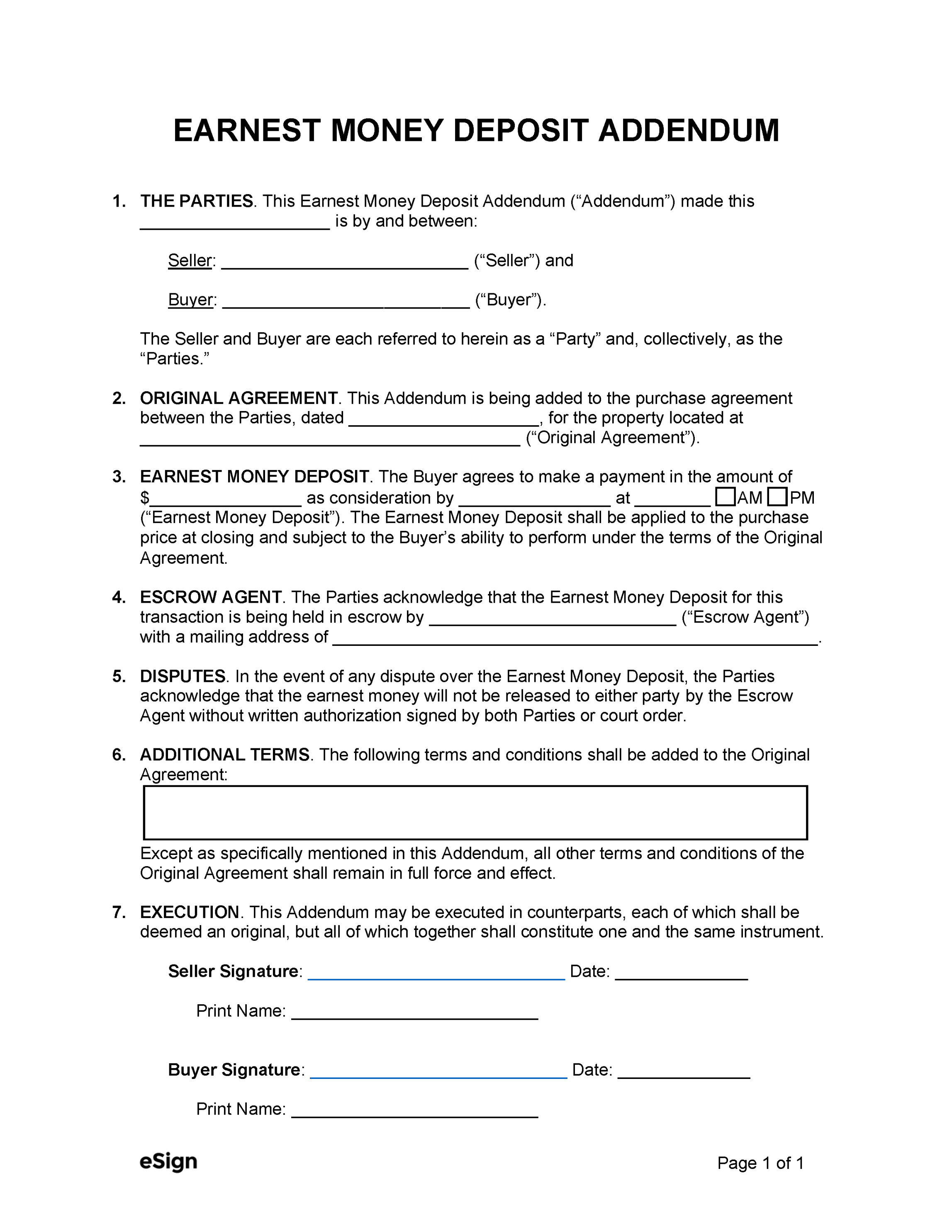 Free Earnest Money Deposit Addendum  PDF  Word