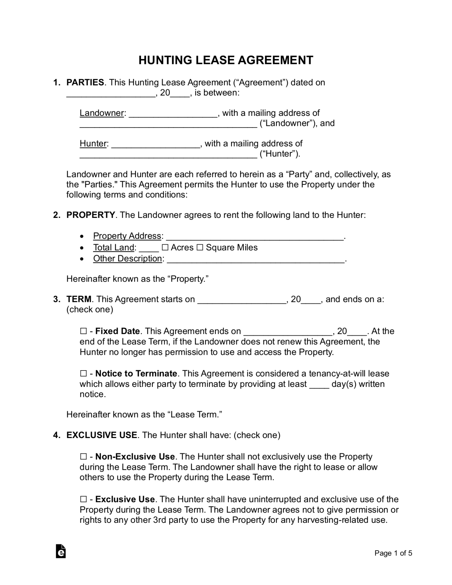 Free Hunting Lease Agreement - PDF  Word – eForms