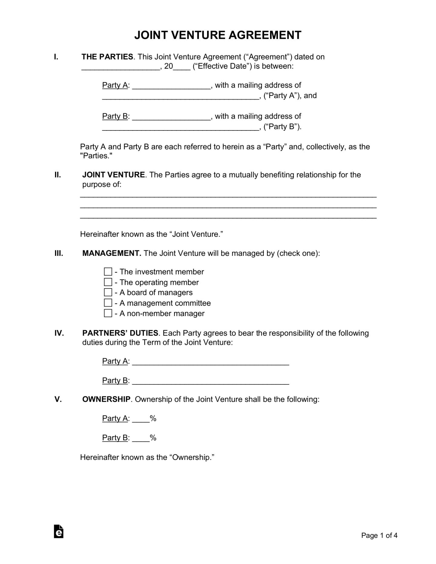 Free Joint Venture Agreement Template - PDF  Word – eForms