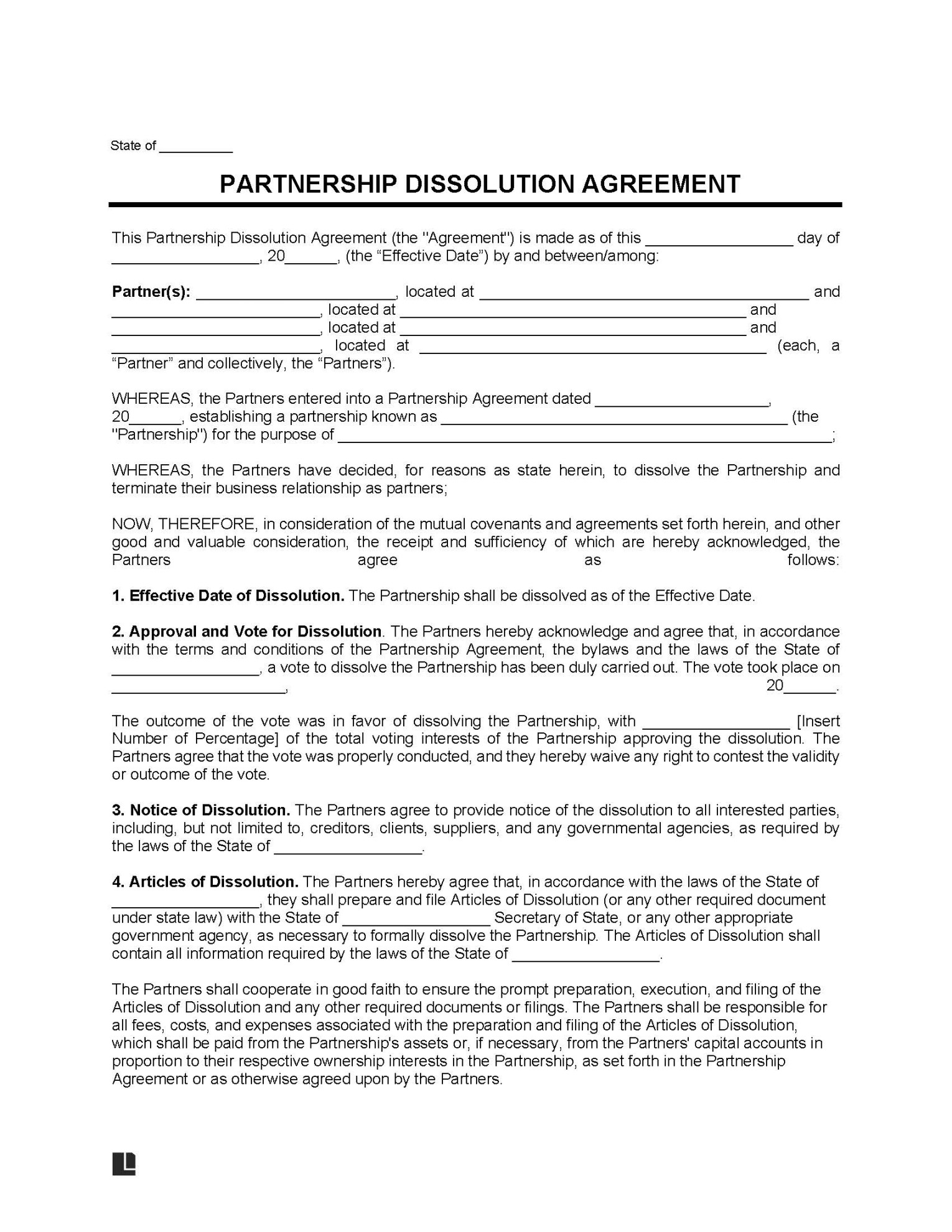 Free Partnership Dissolution Agreement Template  PDF & Word