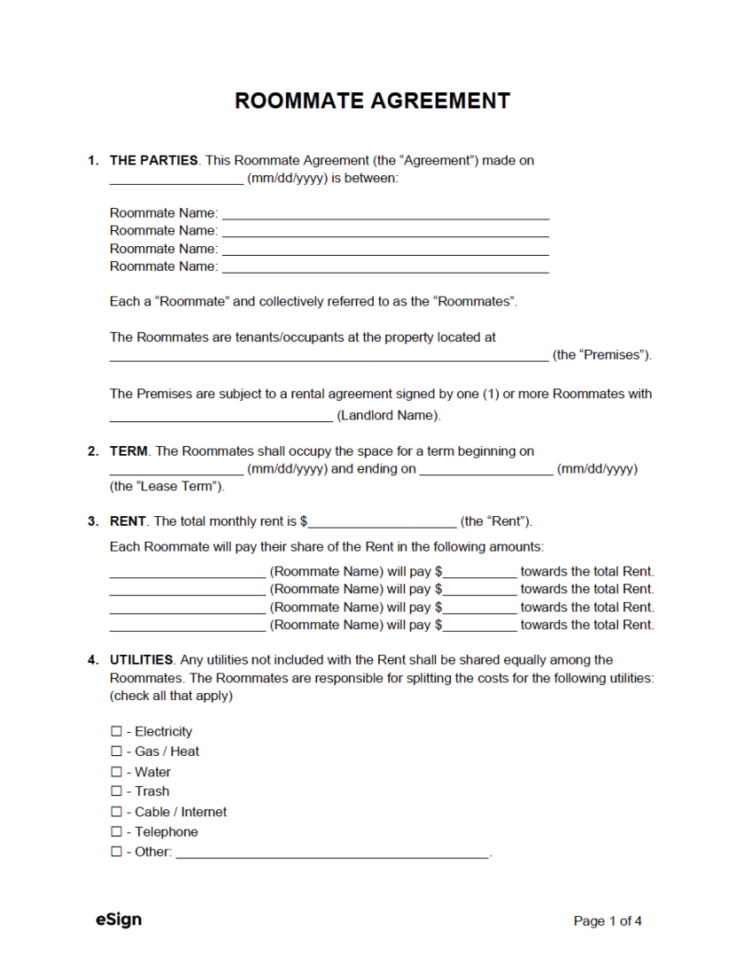 Free Roommate Agreement Template  PDF  Word