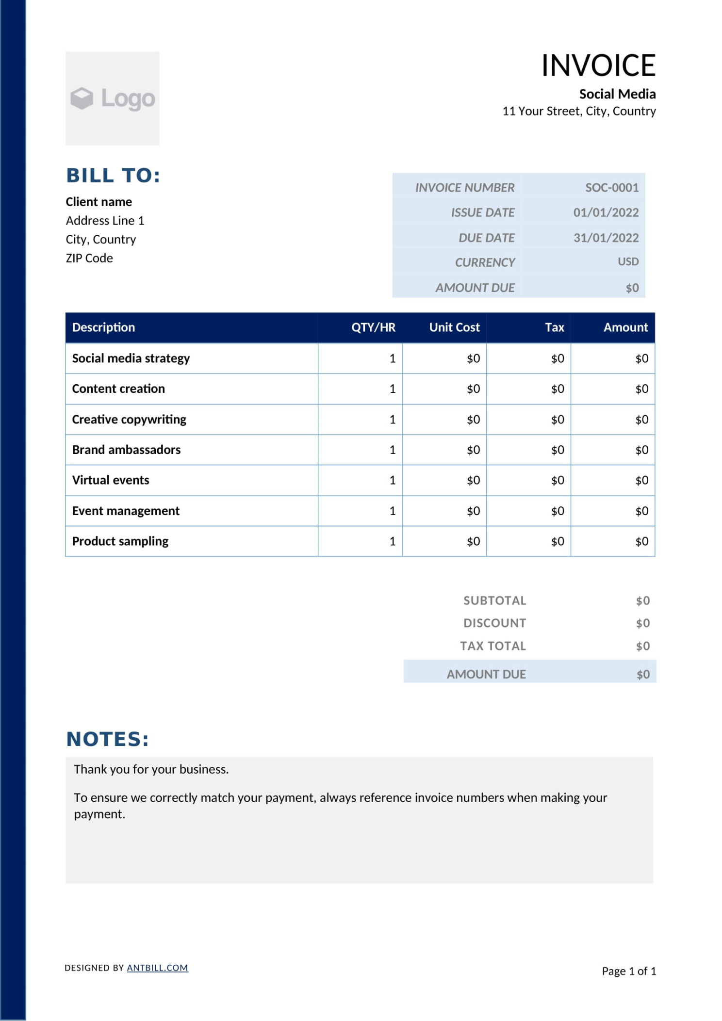 Free Social Media Invoice Templates - Antbill