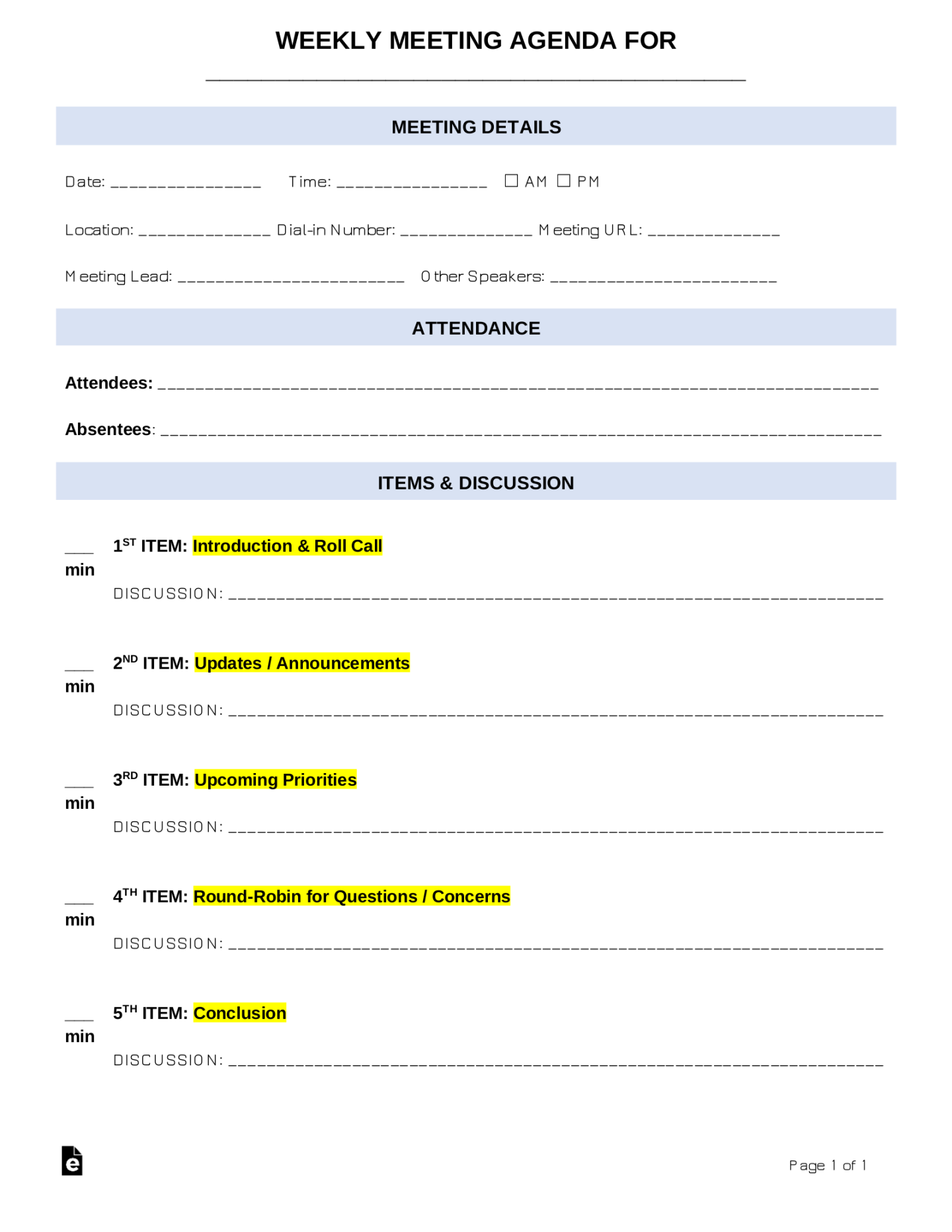 Free Weekly Meeting Agenda Template - PDF  Word – eForms