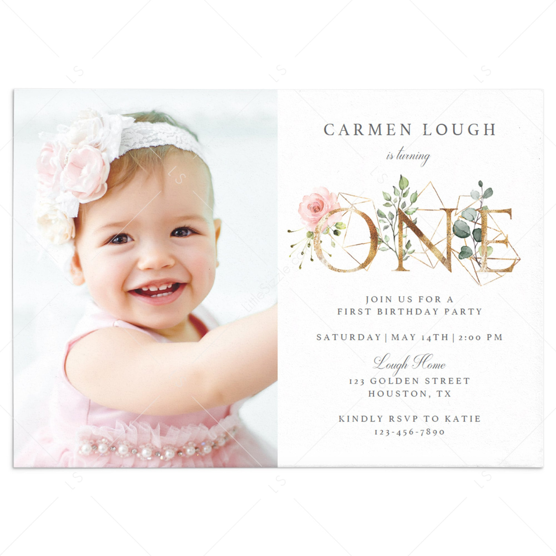 Girl Floral One First Birthday Invitation Editable Template