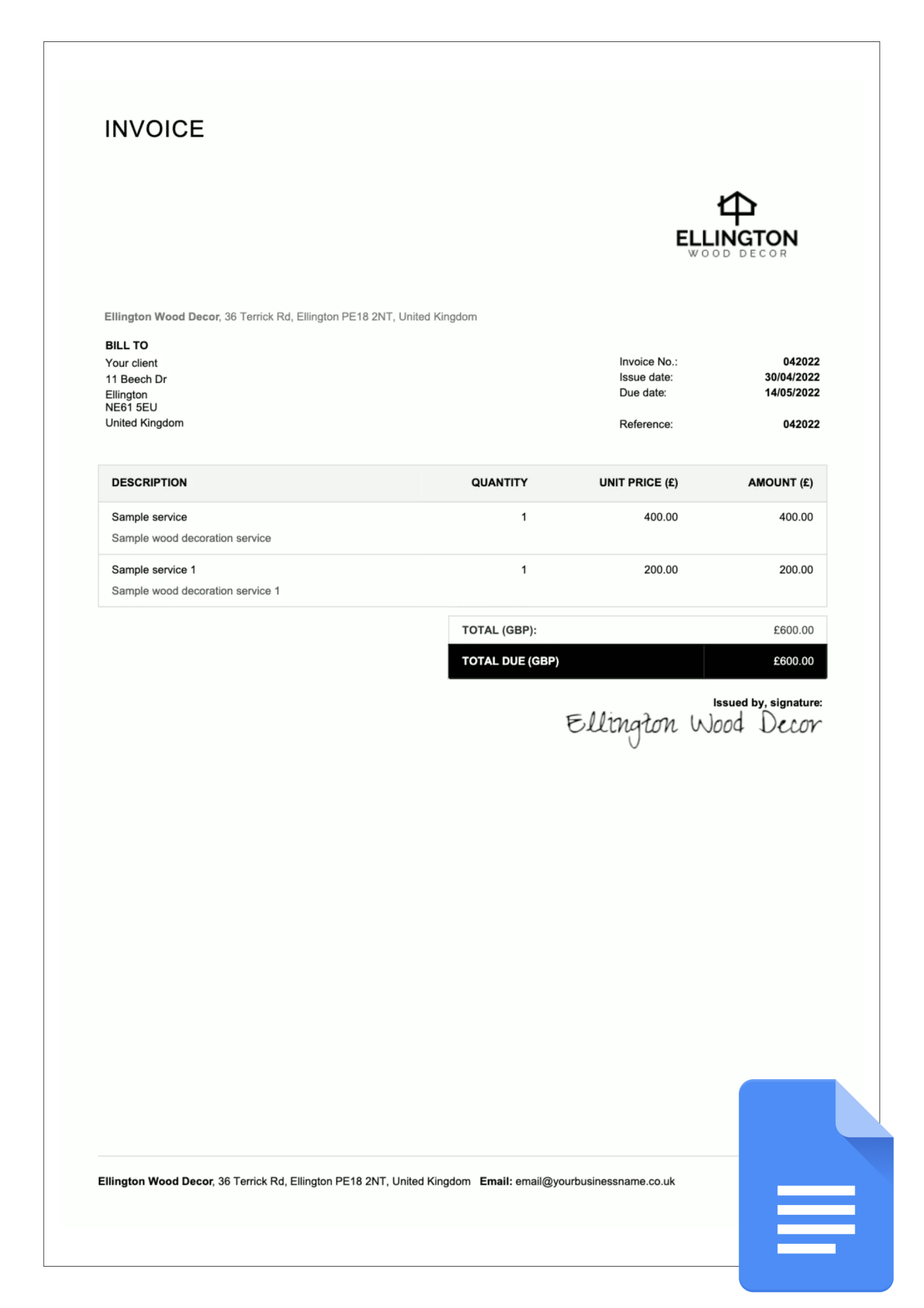 Google Docs Invoice Templates for UK - Free download  Billdu