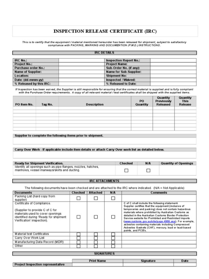 Inspection Release Certificate Template  PDF  Business