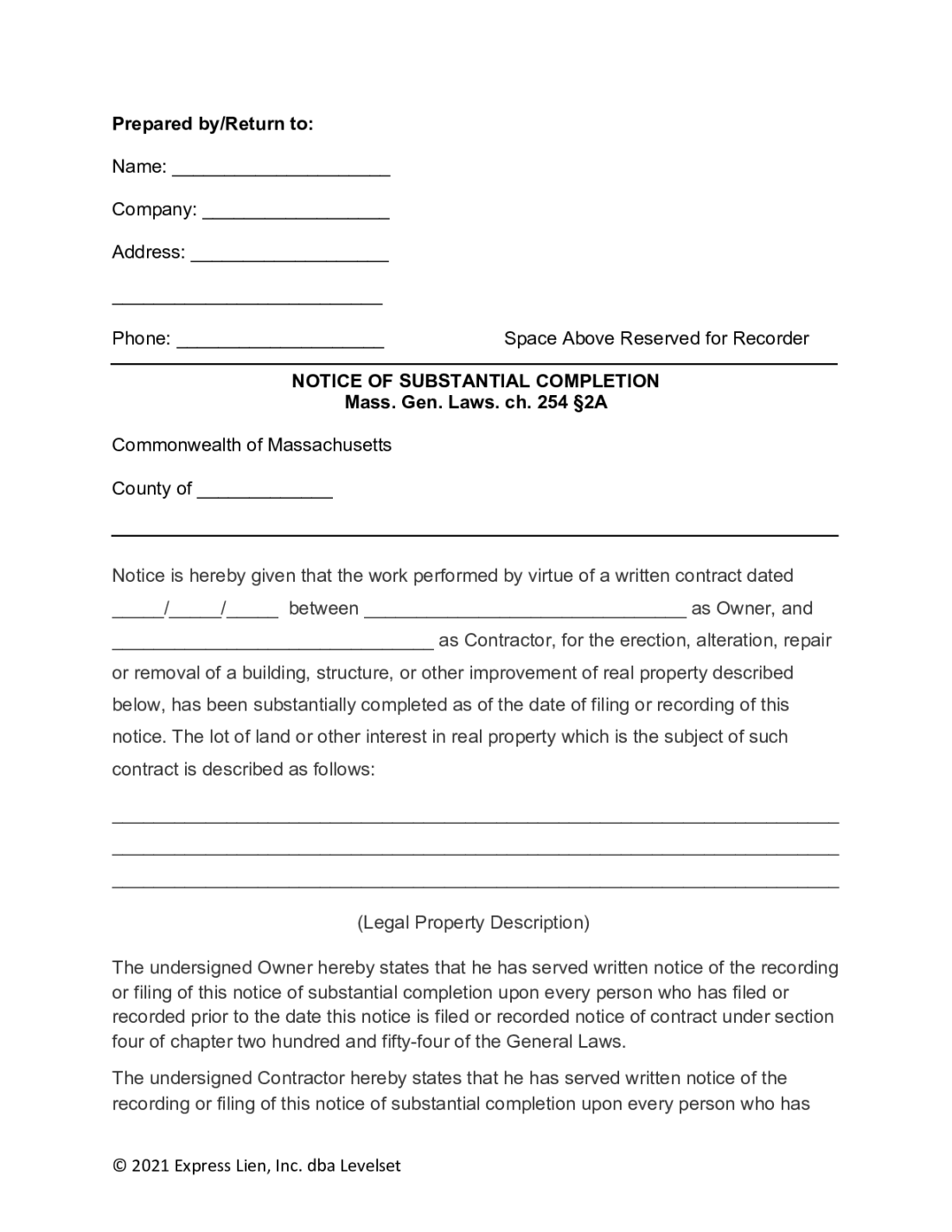 Massachusetts Notice of Substantial Completion Form  Free Template