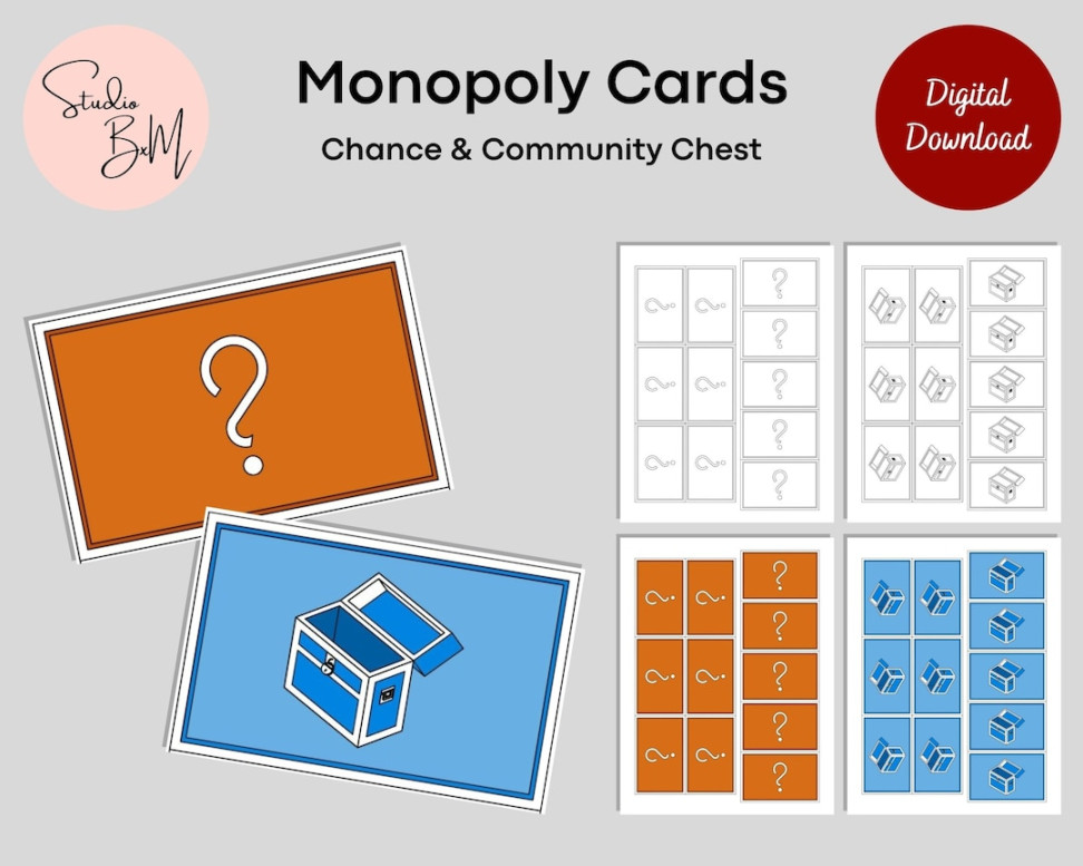 Monopoly Cards, Chance and Community Chest, Custom Monopoly Game