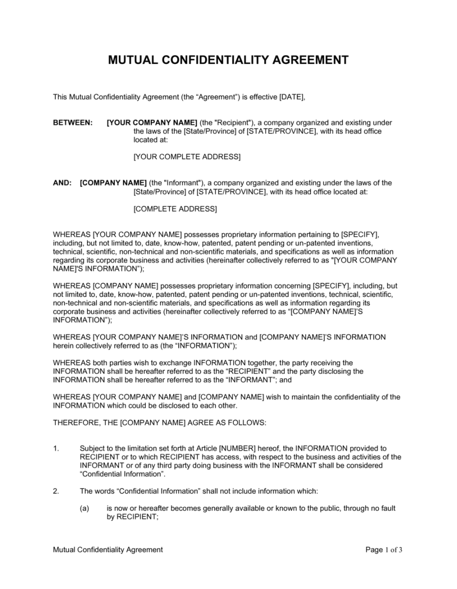 Mutual Confidentiality Agreement Template  [Download