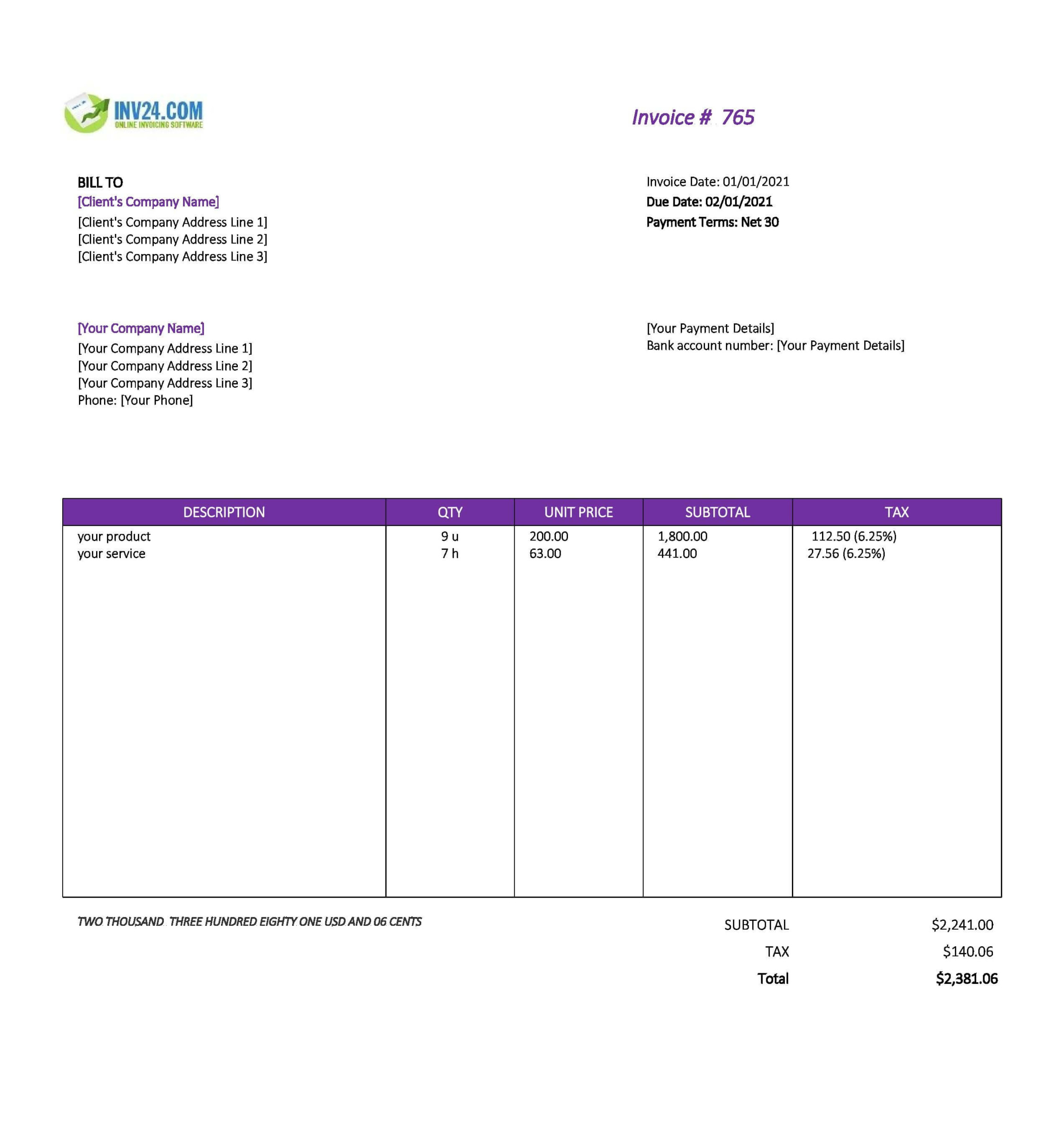 Payment Invoice Template With Net  Terms (Excel)