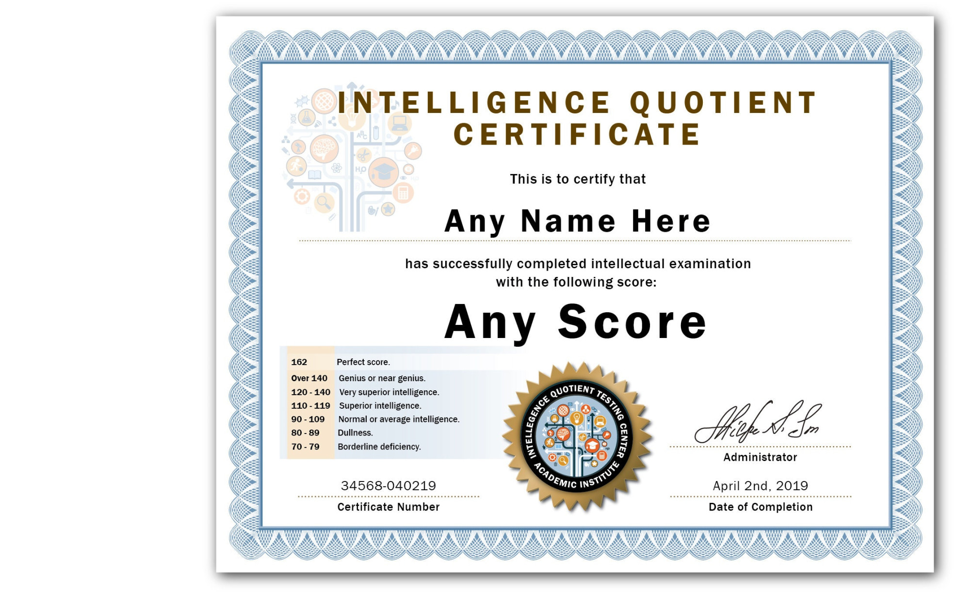 Personalized IQ Test Score Certificate Intelligence Quotient