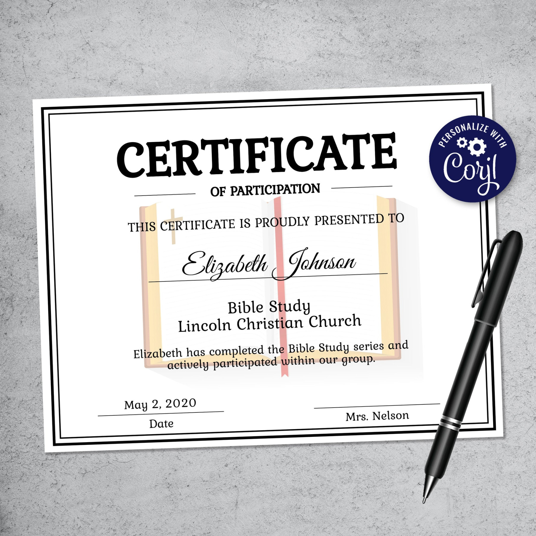 Printable Bible Study Certificate for Christian Baptist Group