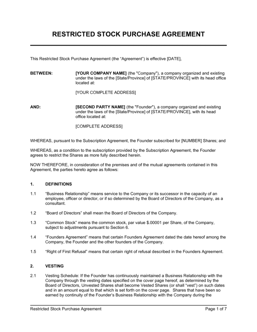 Restricted Stock Purchase Agreement Template  [Download