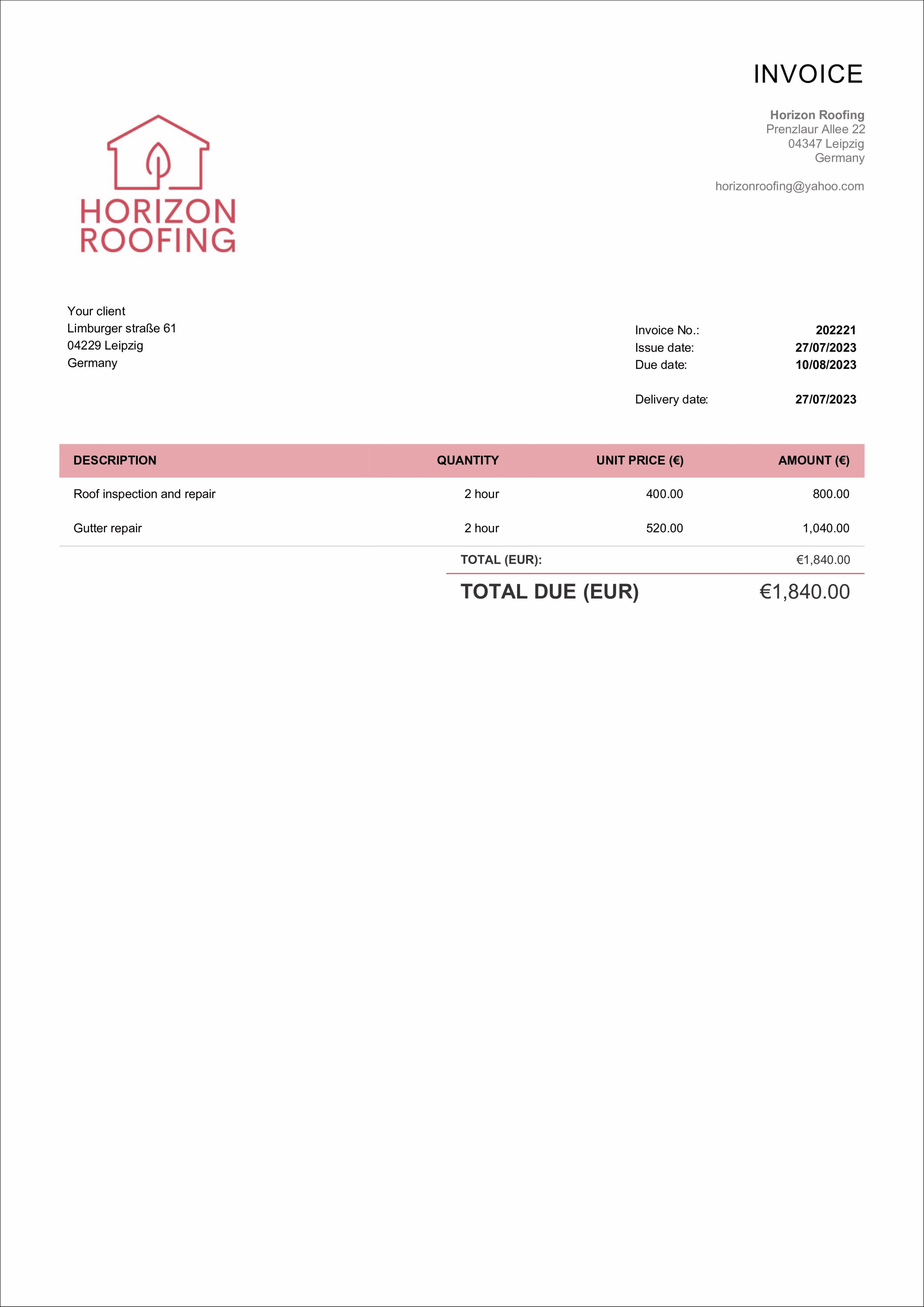 Roofing Invoice Template - Free & Editable  Billdu