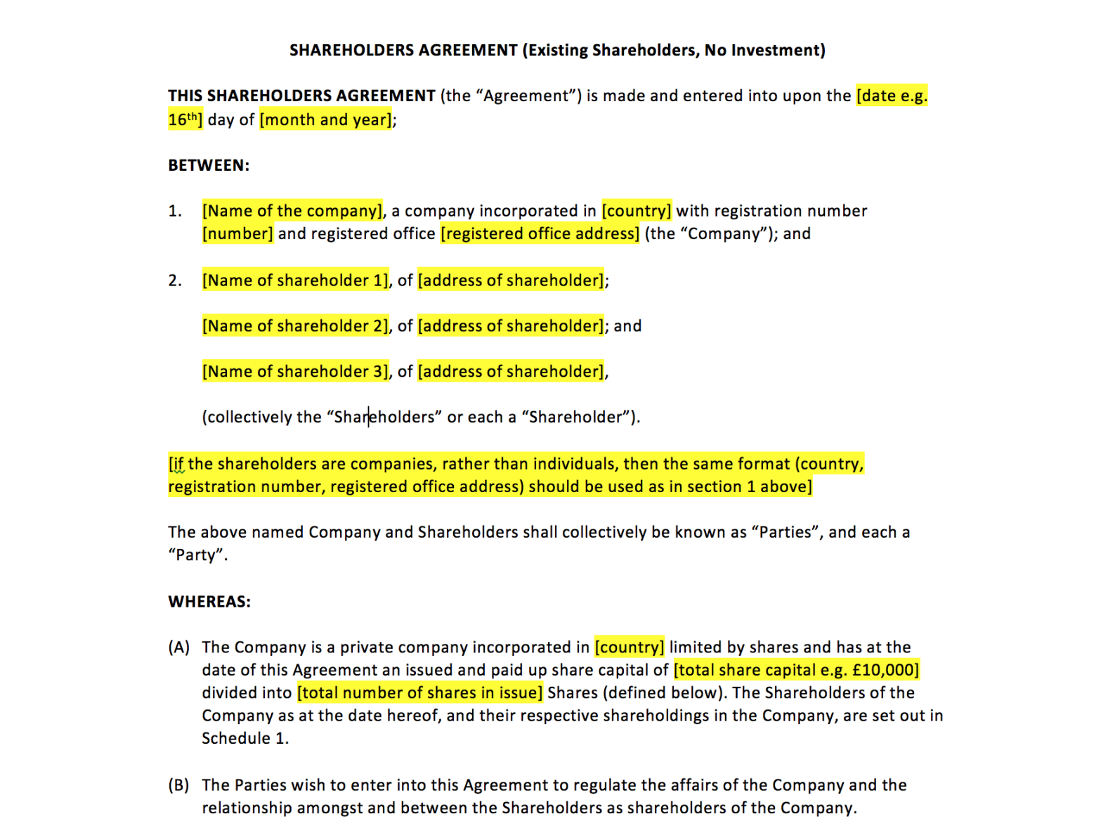 Shareholders Agreement Template