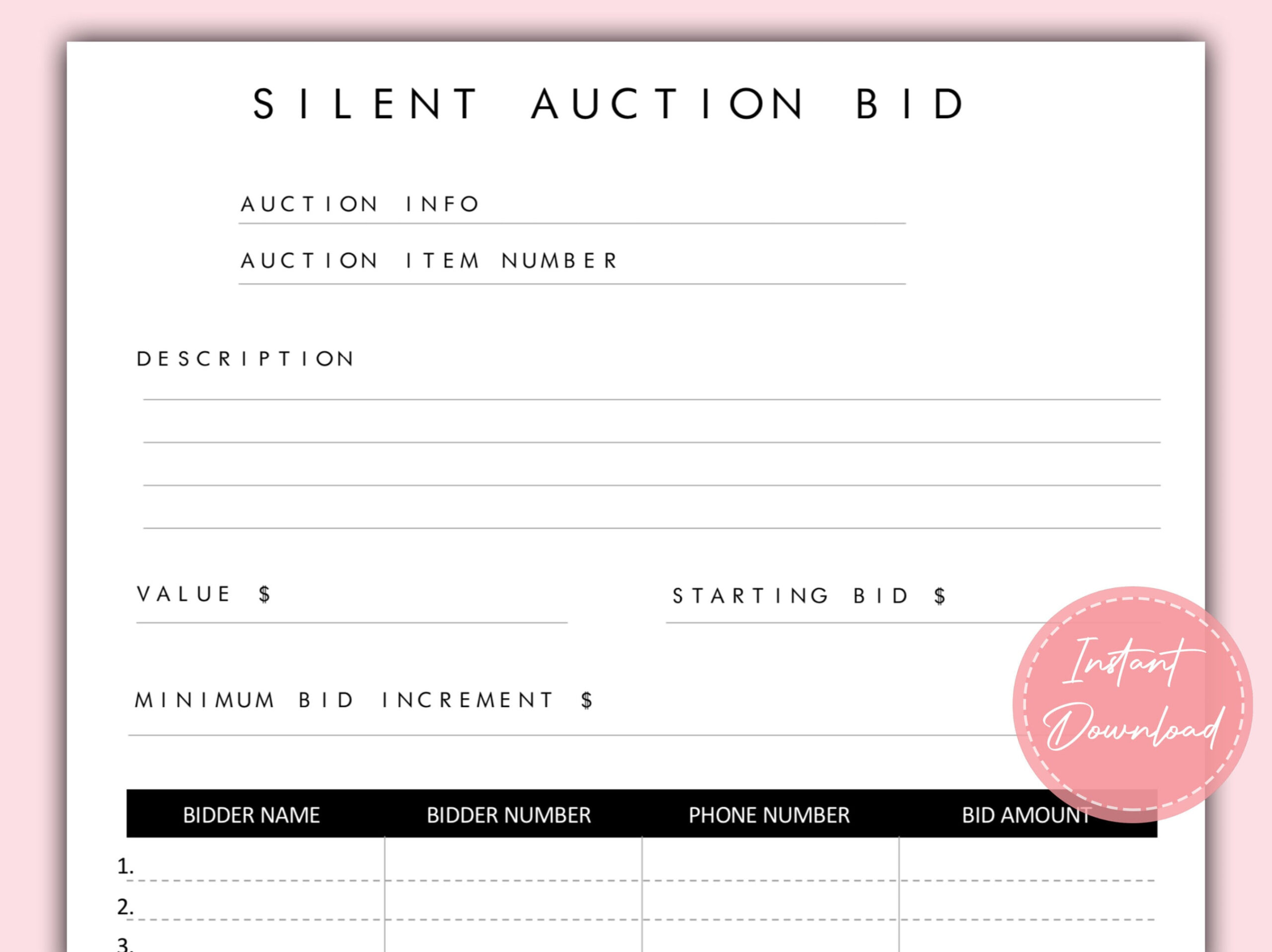 Silent Auction Bid Sheet Printable Fundraiser Event Bidding Form