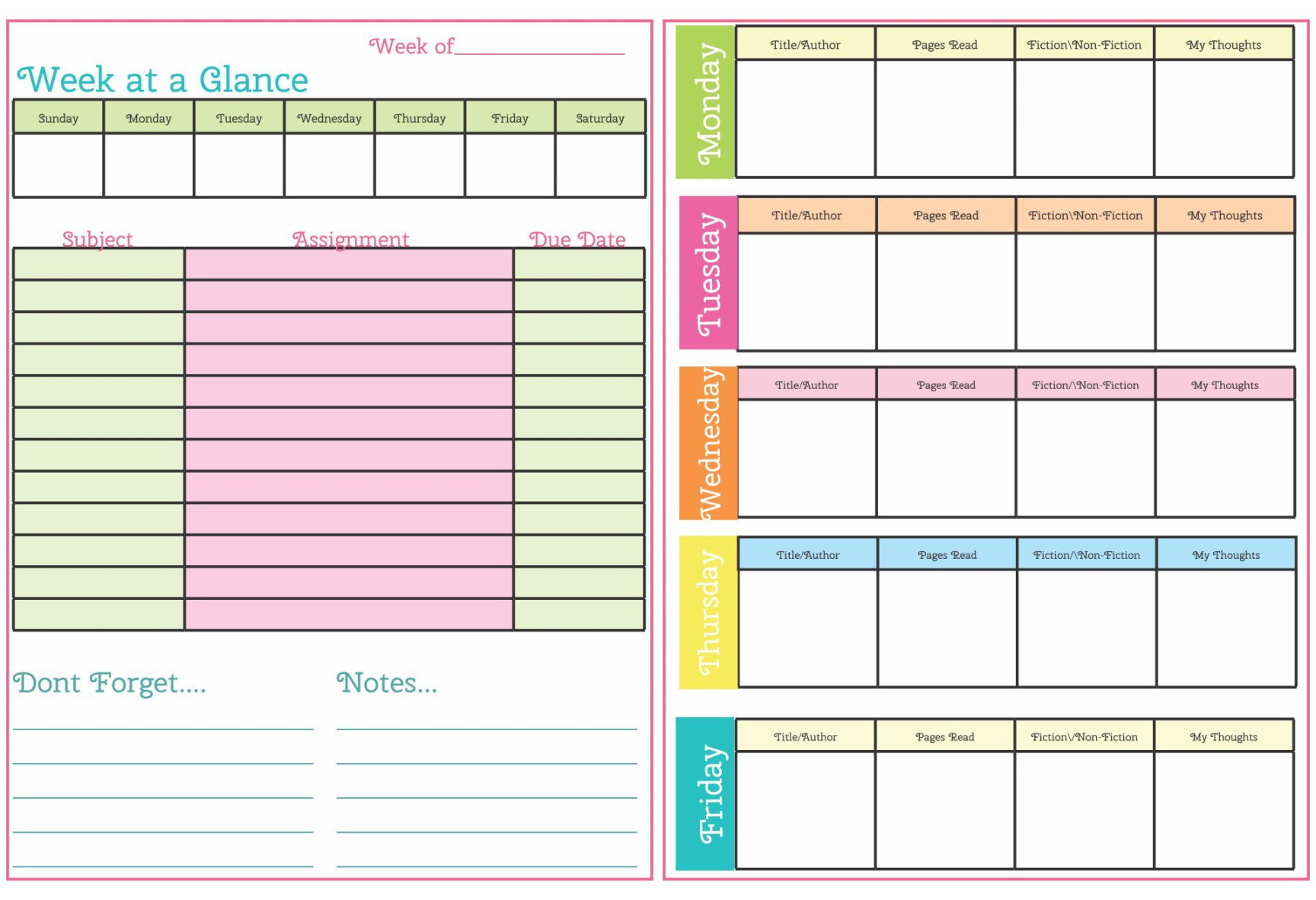 Student Homework Planners Cute Planners -  Free PDF Printables