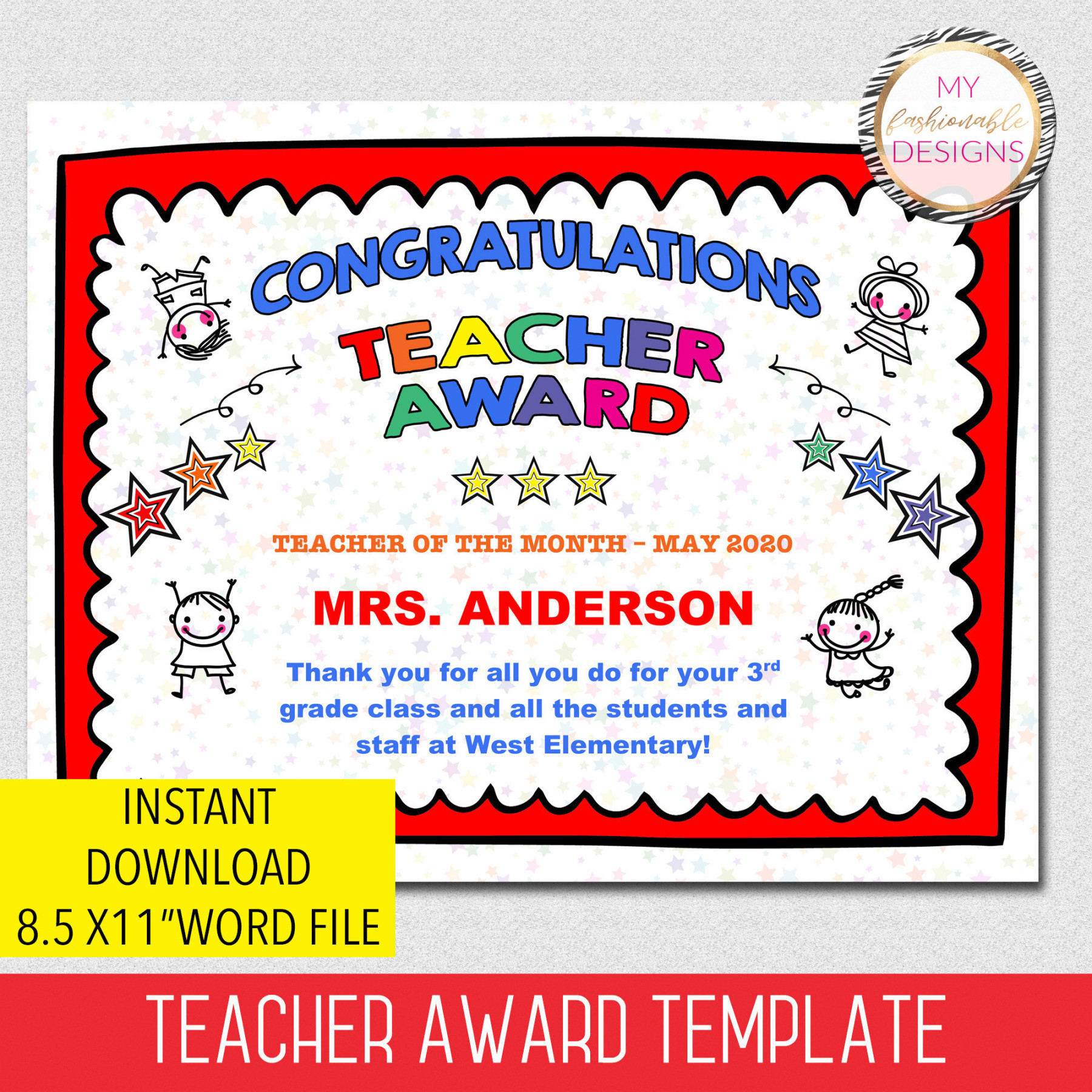 Teacher Award Certificate Template, Teacher Certificate,