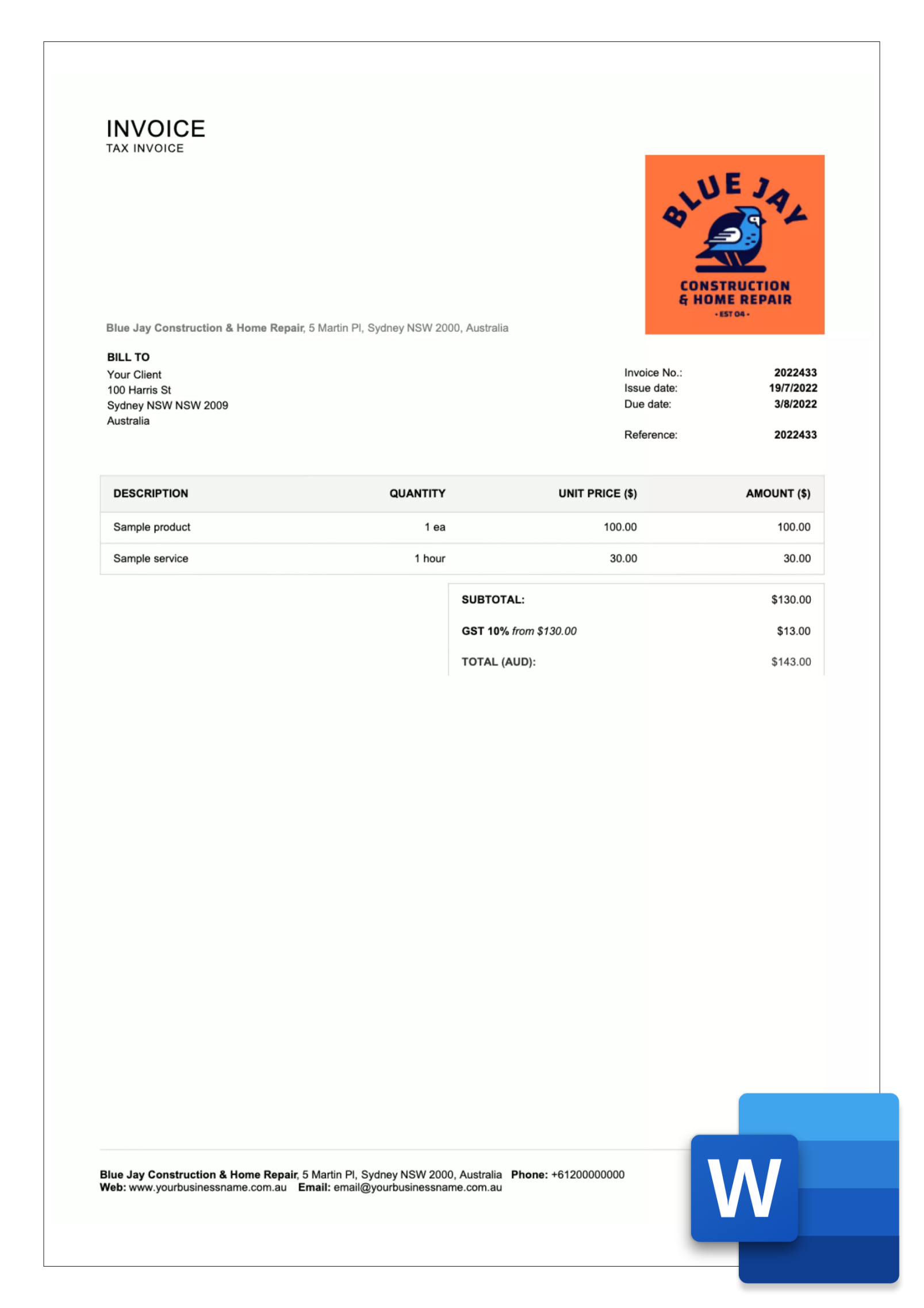 Word Invoice Templates for Australia - Free download  Billdu