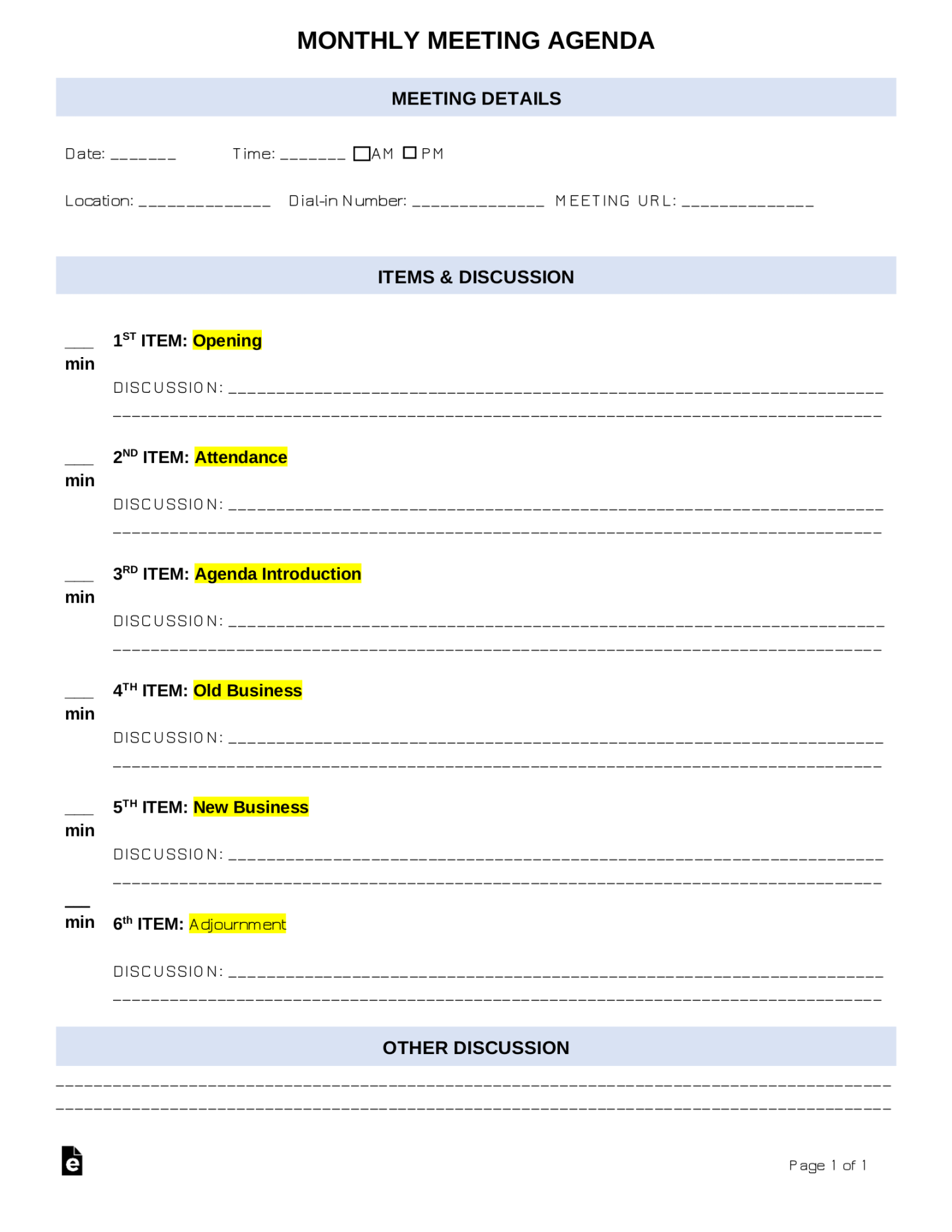 Free Monthly Meeting Agenda Template - PDF  Word – eForms