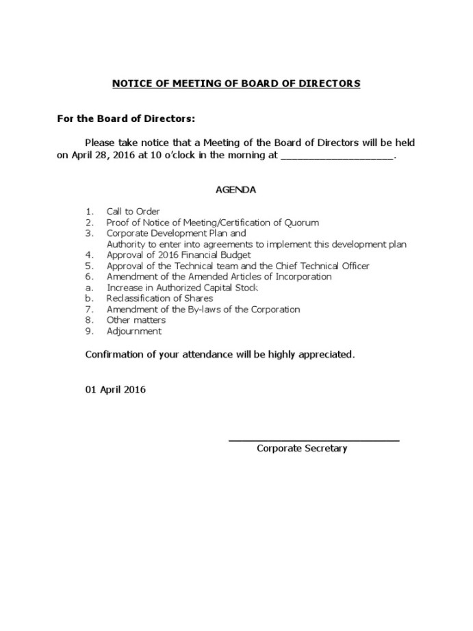 Sample Notice of Board Meeting  PDF